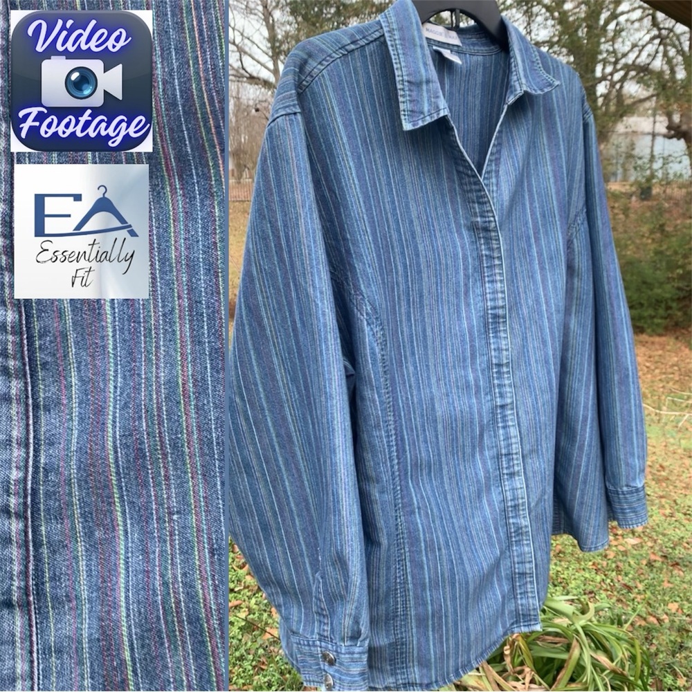 Max and Maggie Vintage Blue Striped Button-Up Shirt 2X Coastal Grandma Preppy